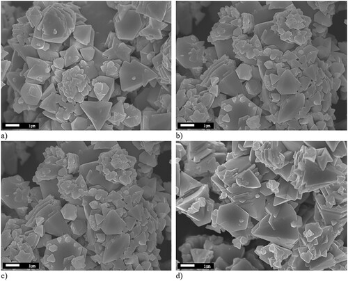 Figure 8. SEM of ZnO synthesized at: (a) 300°C, (b) 400°C, (c) 500°C and (d) 600°C. Pictures are recorded under 15  keV SEI and at WD of 8 mm.