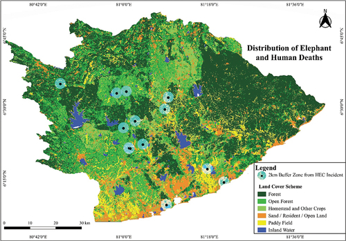 Figure 11. The distribution of elephant and human deaths in the study area with a 2km buffer for HEC incidents in 2021. This 2022 land cover map was produced using RF classification.