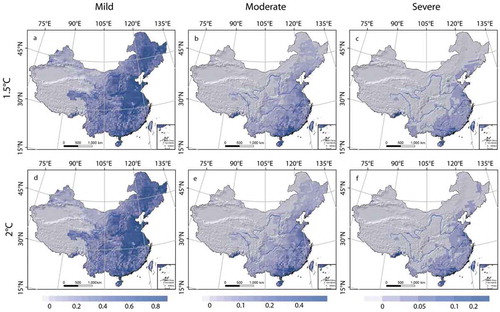 Figure 5. Spatial patterns of flood hazard indexes in China for 1.5°C and 2°C of global warming under the RCP8.5 scenario.