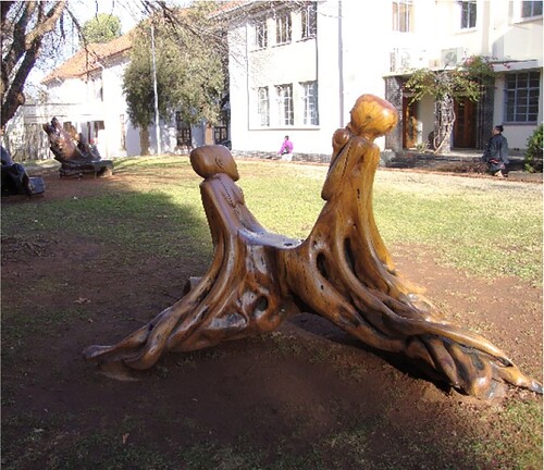 Figure 7. Azwifarwi Ragimana. Adam and Eve. 2010. Olive wood, 240 × 133 × 142 cm. Bloemfontein campus of the University of the Free State, South Africa. Image courtesy of the UFS Art Gallery.