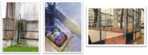 Figure 3. Deteriorated buildings, the school gutter clogged with garbage, and damaged sports space (photographed by Hyro, Bru and Kamy respectively).