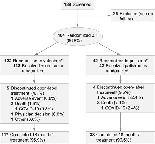 Figure 1. Patient disposition. *Modified intent-to-treat population: all patients who were randomized and received at least one dose of the study drug. †Numbers of discontinuations to the end of 18 months. One patient in each treatment group discontinued due to suspected or confirmed diagnosis of COVID-19 or due to the impact of the global COVID-19 pandemic, reported in addition to the primary reason for treatment discontinuation. There were two deaths due to COVID-19, one in each treatment arm.