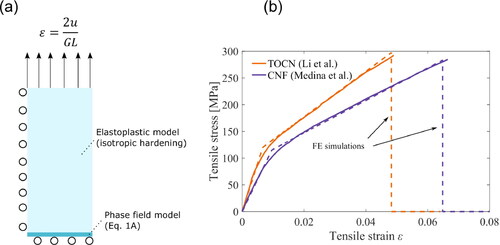 Figure A1. (a) Boundary conditions and material models and (b) FE predictions overlapped on the experimental results.