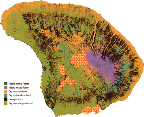 Figure 4. Community-specific land cover map for the island of Lāna‘i, based on land cover classification including expert-adjusted class posterior probabilities. Masked areas under the triangular polygons were infrastructure areas excluded from the analysis (Lāna‘i City, airport and other infrastructure).