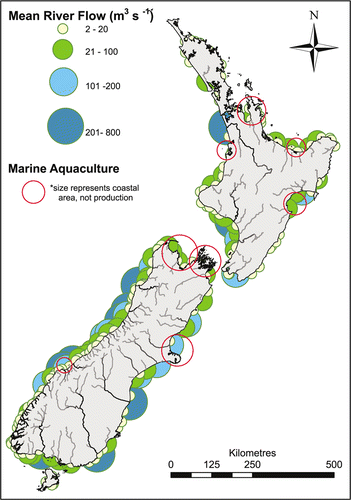 Figure 1  Location of river outwelling plumes and major aquaculture development areas along the New Zealand coastline.