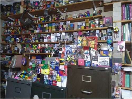 Figure 1. David’s collection of Rubik’s Cubes. Image: Colin Wright