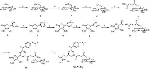 Scheme 1. Synthesis of prodrug Glu-Vc-Ibu. Reagents and conditions: (a) NaH, BnBr, DMF, r.t.; (b) Ac2O-AcOH, ZnCl2, r.t.; (c) CH3ONa, CH3OH, r.t.; (d) succinic anhydride, DMAP, CH2Cl2, r.t.; (e) acetone, acetyl chloride, r.t.; (f) BnBr, K2CO3, acetone, reflux; (g) HCl, CH3CN, 30 °C; (h) 8, DCC, DMAP, CH2Cl2, r.t.; (i) ibuprofen, DCC, DMAP, CH2Cl2, r.t.; (j) Pd/C, H2, CH3OH, r.t.