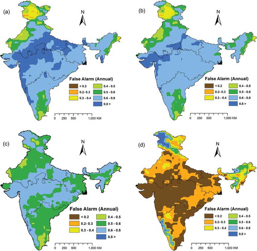 Figure 5. Maps of the false alarm rate of (a) SPI, (b) SPEI, (c) MMAI and (d) SEI in detecting soil moisture drought