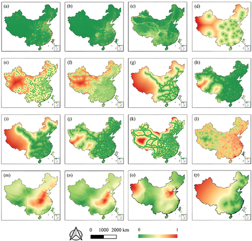 Figure 2. Geospatial datasets: (a) Nighttime Light Index (NLI). (b) Population Density (PD). (c) Terrain Slope Value (TSV). (d) Distance to the Provincial Capital City (DPCC1). (e) Distance to the Prefectural City Center (DPCC2). (f) Distance to the County Center (DCC). (g) Distance to the Nearest High-speed Railway (DNHSR). (h) Distance to the Nearest Railway (DNR). (i) Distance to the Nearest High-speed Railway Station (DNHSRS). (j) Distance to the Nearest Railway Station (DNRS). (k) Distance to the Nearest Main Road (DNMR). (l) Road Network Density (RND). (m) January PM2.5 concentration (PM2.5_1). (n) Annual PM2.5 concentration (PM2.5_7). (o) July PM2.5 concentration (PM2.5). (p) Distance to Major Ports (DNMP).