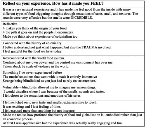 Figure 2. Sample reflective feedback from food justice practical.