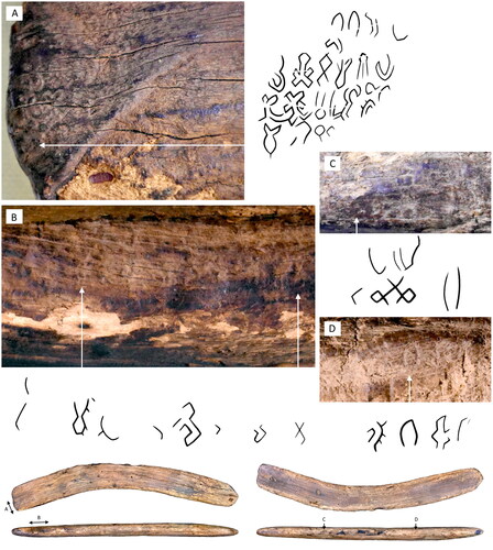 Figure 6. Half-eroded inscription fragments that were not noticed in the previous studies: (A) at the badly-damaged side of the tablet; (B) on the concave edge; (C–D) on the convex edge. Tentative tracings of these fragments are provided side-by-side for comparison. Arrows are used for marking correspondence to extremely faint glyphs.