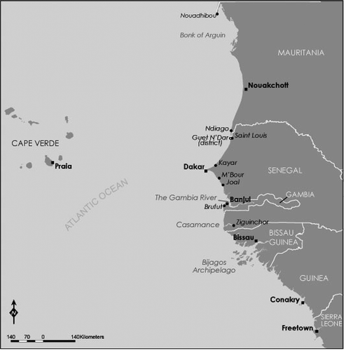 Figure 2. Map of West Africa region showing camps in which fish is processed beyond the borders of Senegal before being marketed