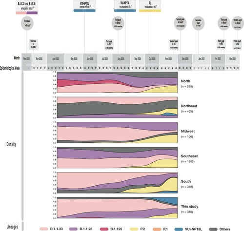 Figure 3. Timeline and density plot of Brazilian SARS-CoV-2 genomes during epidemiologic weeks. The timeline of the main events and circulating lineages of the SARS-CoV-2 pandemic in RS and Brazil from epidemiological weeks 9 of 2020 to 13 of 2021 are highlighted, representing the first year of the pandemic. The frequency of SARS-CoV-2 lineages found in this study in comparison to lineage distribution in other Brazilian regions is shown during our sampling period. (1) Data available in https://covid.saude.gov.br/; (2) Origin dates inferred in this study; (3) GISAID.