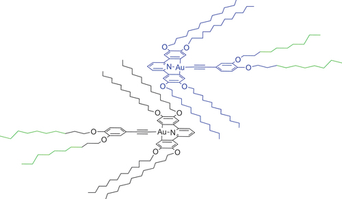 Figure 13. (Colour online) Proposed aggregate of 3 in concentrated solution showing a superposed dimer. Distances exaggerated for clarity. Fluorinated chains shown in green.