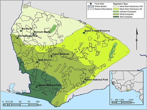 Figure 1. Map of the study area with vegetation types and forest reserve boundaries. Reserves mentioned in the text and summarized in Figures 4 and 5 are labelled for reference. The study area encompasses the moist and wet closed-canopy forest vegetation types as defined in Hall and Swaine (Citation1976).