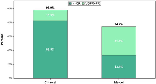 Figure 1. Overall response rates prior to adjustment for cilta-cel and ide-cel. Abbreviations. CR, complete response; PR, partial response; VGPR, very good partial response.