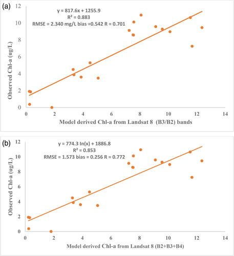 Figure 2. (a) Remote sensing reflectance of Landsat band and in-situ measured Chl-a concentration for 17 December 2022. (b) Remote sensing reflectance of Landsat band and in-situ measured Chl-a concentration for 15 March 2023.