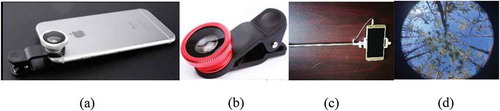 Figure 2. LAI-Mobile instrument: (a) smart phone equipped with spherical lens; (b) spherical lens; (c) mobile phone fixed with selfie stick; (d) an example fisheye image acquired by LAI-Mobile paralleled to slop in 1.3 meters over ground.