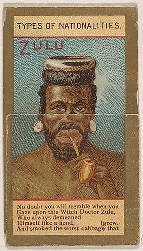 Kinney Brothers Tobacco Company, Zulu, from Types of Nationalities, 1890, commercial colour lithograph, 17.4 × 3.7 cm, Jefferson R Burdick Collection, image © The Met Open Access Collection
