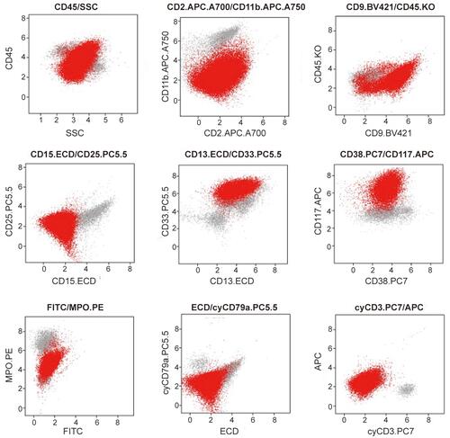 Figure 3 Multi-color flow cytometry analysis of cell surface markers of marrow mononuclear cells. Partial markers of the detected were presented. The cluster of cells colored in red indicated the leukemic cells.