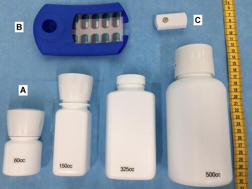 Figure 1 The three different MEMS devices (MEMS Cap, Helping Hand, Button). (A). MEMS Cap in different sizes and shapes; (B) MEMS Helping Hand with a plastic example blister; (C) MEMS Button.