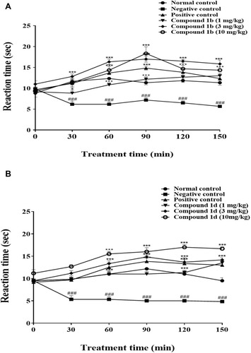 Figure 3 Effects of thiazolidine derivatives on carrageenan-induced thermal hyperalgesia. Adult female mice (n=6 each group) received intra-plantar injection of carrageenan after 30 minutes of intraperitoneal dose of saline, vehicle (5% ethanol, negative control in case of compound 1b and 3% DMSO and 1.5% tween-80 negative control in case of compound 1d), rosiglitazone (3 mg/kg) as positive control; (A) 1b (1, 3, 10 mg/kg) or (B) 1d (1, 3, 10 mg/kg). Thermal pain sensitivity was measured prior to drug administration (naive baseline), and at 30, 60, 90, 120, and at 150 minute interval after carrageenan injection by using hotplate assay (54°C±1). Results were analyzed by two-way ANOVA followed by Tukey’s post hoc test. Data are expressed as mean±SEM. ***P<0.001. ###Normal control vs negative control.