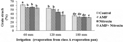 Figure 13. Interaction effect of irrigation and inoculation with bio-fertilizers on grain starch content of sorghum. Values represent means ± SE. Different letters indicate significant differences using LSD test (P <.05)