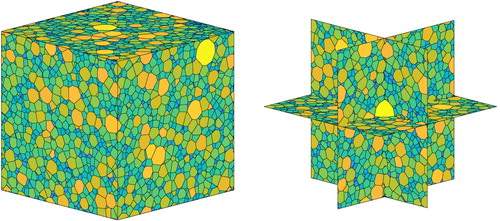 Figure 13. An RVE in which the grain volumes have approximately log-normal distribution (see Example 5.5). There are n=10,000 grains in the cubic cell. The coefficient of variation of the volumes (the ratio of the standard deviation to the mean) is 1.4. Cross-sections of the cell are also shown, showing the distribution of sizes throughout the cell.