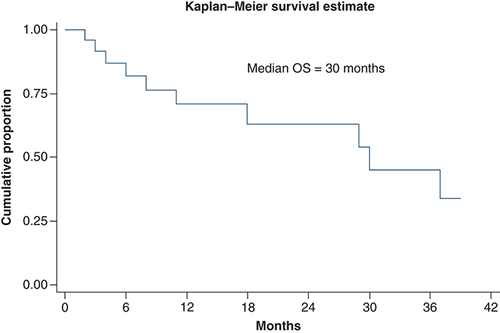 Figure 1. Kaplan–Meier curve showing overall survival in study population at median follow-up time of 11 months (range: 1–36 months).OS: Overall survival.