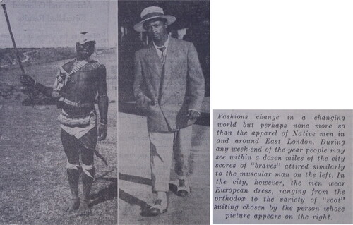 Figure 5. The contrast between country boys in traditional gear (left) and the new city styles for young men (middle). The transition from one to the other was considered to be a major cause of social pathology and political instability, as young men were caught between the worlds of tradition and modernity. Captions in italics (right) from the Daily Dispatch, 24 January 1951. (Source: Daily Dispatch, 24 January 1951.)