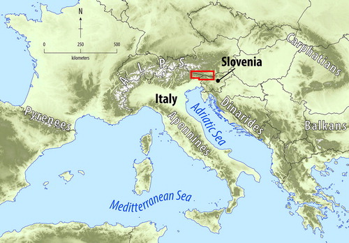 Figure 1. Study area, highlighted with the red square, within the northern Mediterranean – Alpine region.