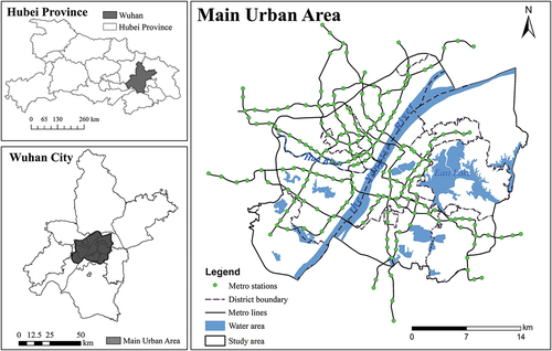 Figure 1. The study area and the spatial distribution of metro stations in the main urban area of Wuhan.