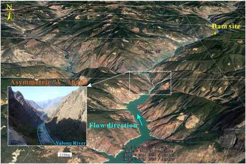 Figure 3. Geomorphological conditions of the Jinping I Hydropower Reservoir from Google Earth (Google Earth, 2018).
