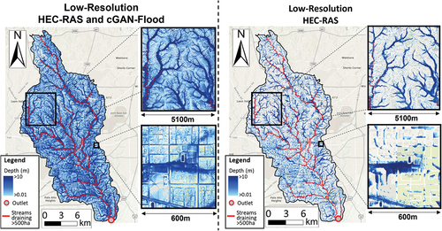 Figure 6. Flood maps of the entire UPSA watershed with a low-resolution HEC-RAS model and after coupling it with cGAN-Flood. Depths are visualized with an equalized histogram for better illustration.