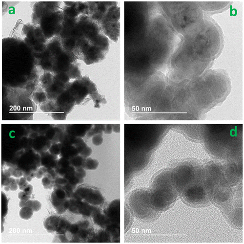 Figure 3. TEM with 25,000× (a, c) and 100,000× (b, d) magnification for nZVI/BBH (a, b) and nZVI/BBL (c, d).