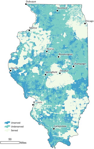 Figure 2. Areas unserved, underserved, and served by fixed wireless broadband in Illinois as of November 2021. Source: Connected Nation, Connect Illinois.