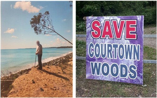 Figure 4. Left – Image 1 photograph showing the erosion of the beach and tree line near Courtown woods. Right – Image 2 signs protesting the sale of Courtown woods Sources: image 1 provided by the interviewee. Image 2 Protect Courtown Woods Community organisation.
