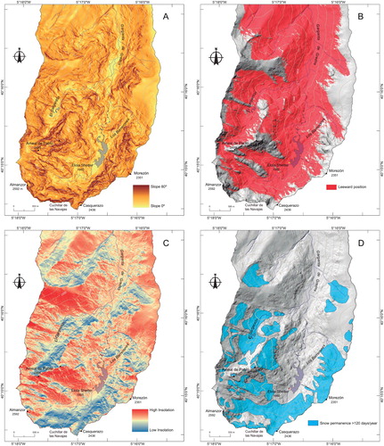 Figure 3. Map of trigger factors used to study avalanches in the Circo de Gredos. (A) Slope map; (B) Leeward areas; (C) Solar radiation (April–November); (D) Areas with snow permanence more than 120 days per year (Muñoz et al., 1995).