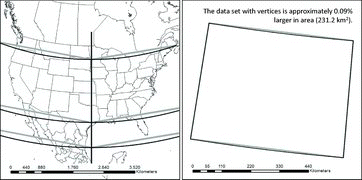Figure 5 Effects of projecting vector data with different vertices tolerances. In the left panel, we developed US Albers Conus standard parallels and latitude of origin in a geographic coordinate system, and we then reprojected these data to a US Albers Conus map projection. The black lines represent data with vertices every.001 decimal degrees. The gray lines represent data with vertices at the end of each line. The right panel illustrates the amount of error introduced during reprojection for a smaller area (state of Wyoming). The black lines represent data with vertices every 0.001 decimal degrees and the grey line represents endpoints on the four corners of the state. The right panel demonstrates that the amount of error introduced during the reprojection of vector data is less significant for smaller areas (as compared to results in the left panel), but these results also indicate that the shape, length, or area of arcs will change during reprojection.