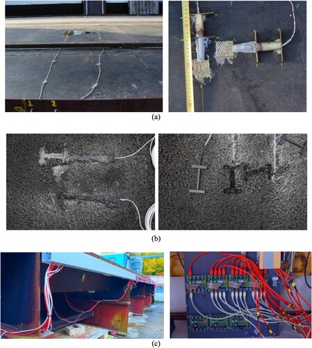 Figure 6. Installations; (a) SDMS, (b) sensors inside PA pavement layer, and (c) special connectivity between strain gauges and control unit (left), and amplifiers manufactured to avoid signal loss and interference of signal radiation (right).
