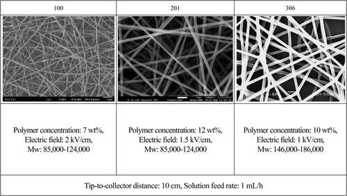 Figure 6. FE-SEM images of electrospun filter media with same physical properties aside from different fiber diameters.