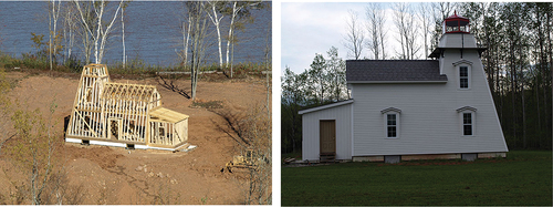 Figure 3. The Horton Bluff Faux Lighthouse (left: replica in construction; right: replica completed; photos: R. Myles, no date).