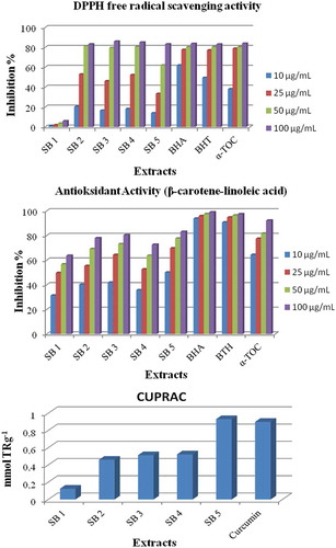 Figure 2. Antioxidant activities of the S. brevibracteata extracts; inhibition (%) of lipid peroxidation, DPPH free radical scavenging activity of S. brevibracteata extracts and α-Toc, BHA, and BHT and Cu2+ reducing power (CUPRAC) assay of S. brevibracteata extracts and curcumin.