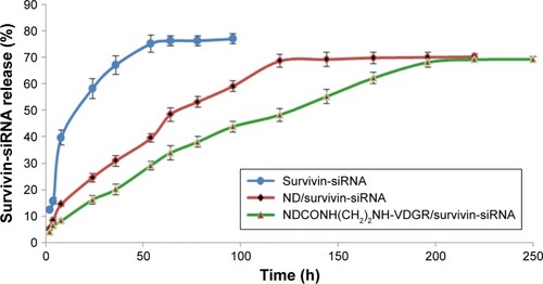 Figure 10 The cumulative releasing percentage of survivin-siRNA from NDCONH(CH2)2NH-VDGR/survivin-siRNA, ND/survivin-siRNA, and naked survivin-siRNA in TE buffer (n=3).Abbreviations: siRNA, small interfering RNA; ND, nanodiamond; TE, Tris–ethylene diamine tetraacetic acid.