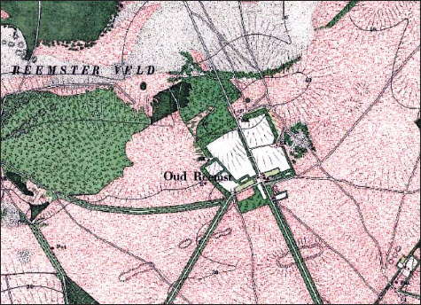 Fig. 5. Topographical map of 1900 of the hamlet of Oud-Reemst. The small farms (red) are surrounded by arable fields (white), woodlands (dark green), heathlands (pink) and sand blowings (grey).