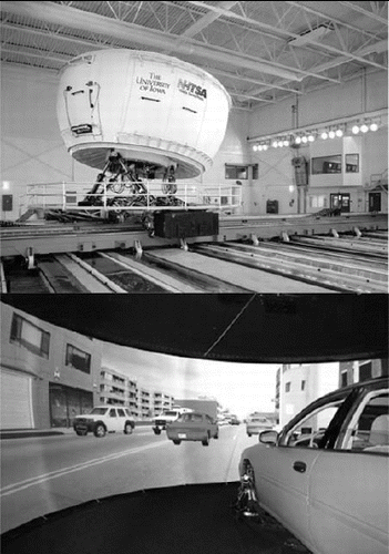 Figure 1 National Advanced Driving Simulator (NADS-1) at the University of Iowa: (a) exterior bay and (b) dome interior view.