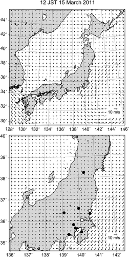 Figure 1. Map of the calculation domain 1 (upper) and domain 2 (bottom) used in the atmospheric dispersion model. The open circle shows the location of FDNPP. The black circles represent the monitoring points for deposition rate and the open squares represent monitoring points for air concentration and deposition rate.