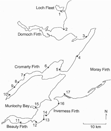 Figure 1. The distribution of the catch sites (numbered) in the Moray Firth, northern Scotland.