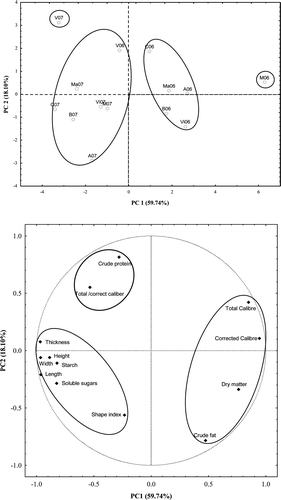 Supplementary Figure 5. Variability of the localities under study, in both years using the first two principal components based on fruit biometry and chemical analysis data. Figura adicional 5. Variabilidad de las localidades en estudio, en los dos años, utilizando los dos primeros componentes principales basado en los datos de la biometría del fruto y análisis químico.