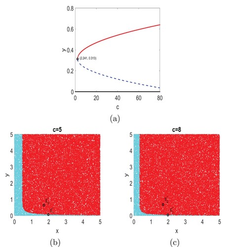 Figure 3. Fixed parameter values are λ=3, β=4 and γ=0.1. A bifurcation diagram with respect to c is given in (a) and (b)–(c) present basins of attraction of E2∗ (in red) and of E0 (in cyan). The degree of hunting cooperation is c = 5 in (b) and c = 8 in (c).